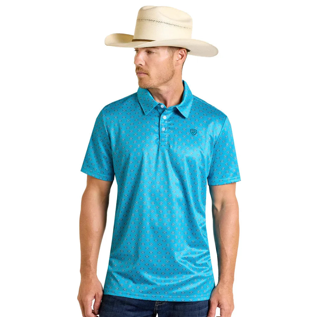 Rock & Roll Men's Short Sleeve MIni Aztec Print  Polo- Peacock Blue