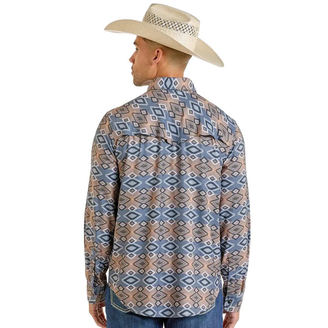 Rock & Roll Men's Long Sleeve TEK Western Aztec Shirt- Grey