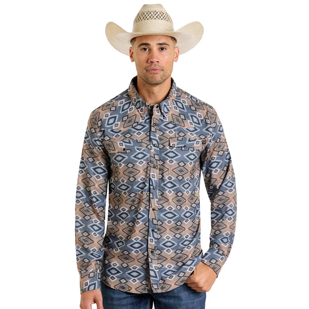 Rock & Roll Men's Long Sleeve TEK Western Aztec Shirt- Grey
