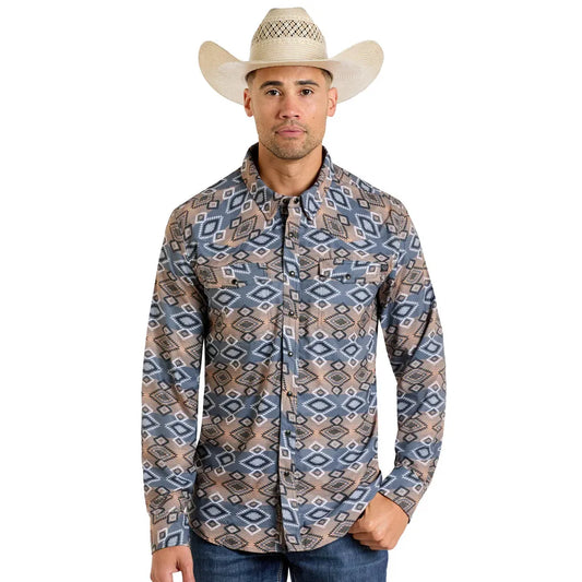 Rock & Roll Men's Long Sleeve TEK Western Aztec Shirt- Grey
