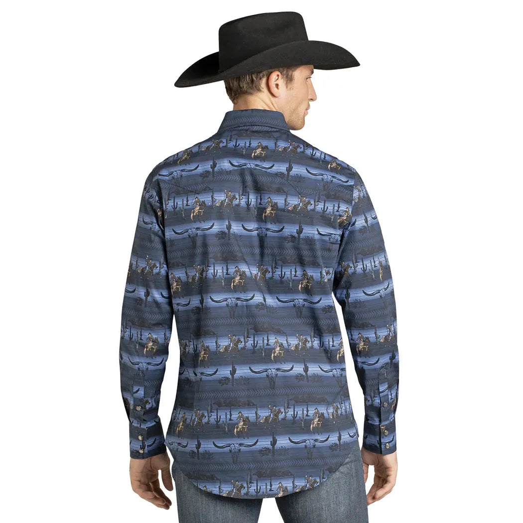 Rock & Roll Men's Longhorn Cowboy Conversation Print Slim Fit Long Sleeve Snap Shirt - Blue