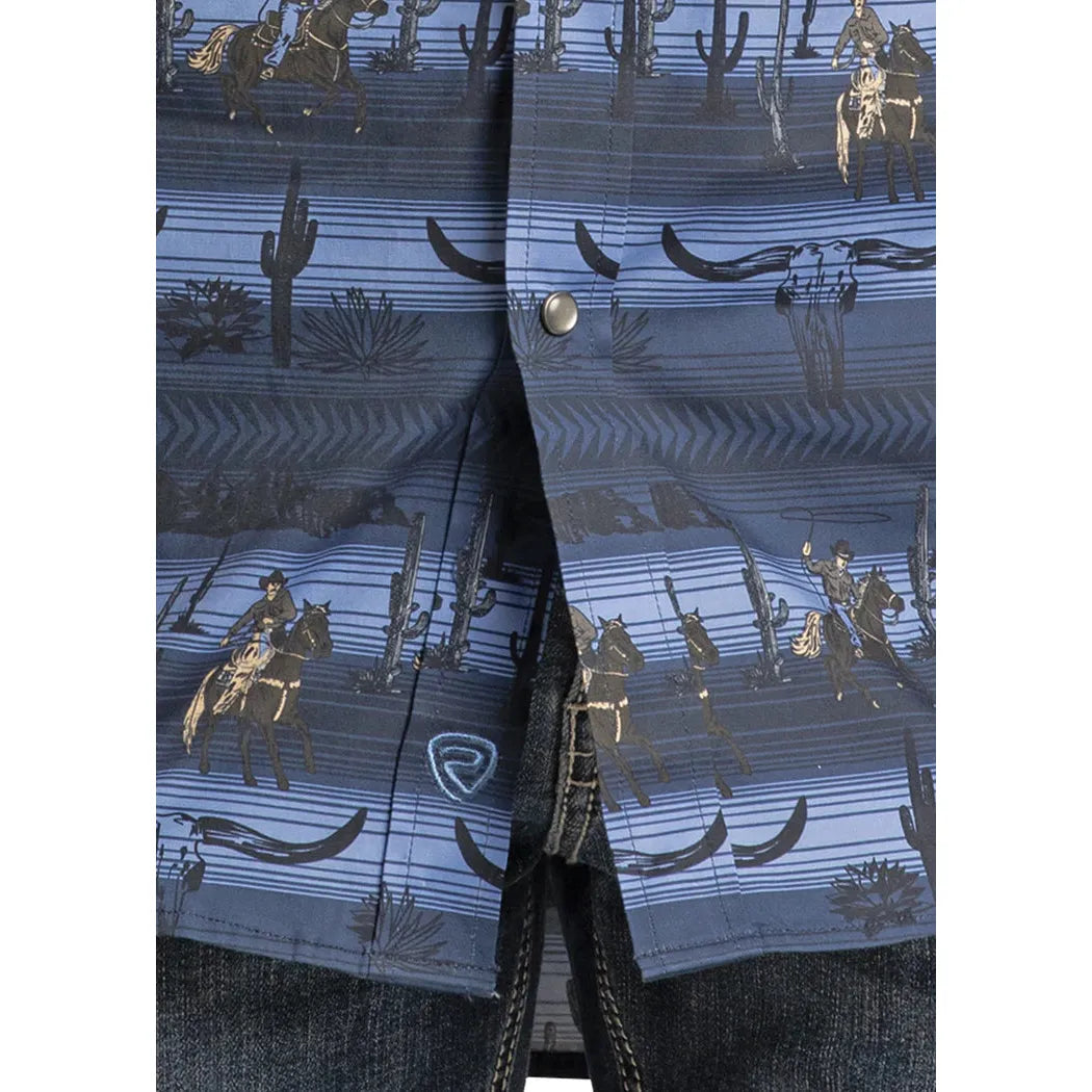 Rock & Roll Men's Longhorn Cowboy Conversation Print Slim Fit Long Sleeve Snap Shirt - Blue
