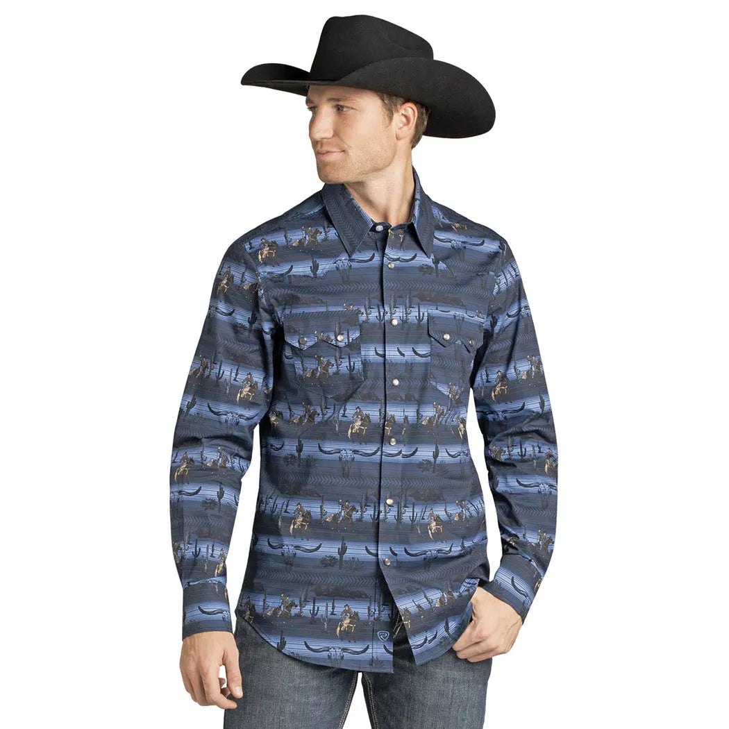 Rock & Roll Men's Longhorn Cowboy Conversation Print Slim Fit Long Sleeve Snap Shirt - Blue