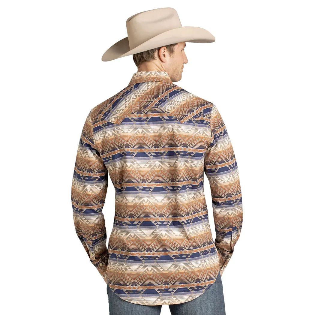 Rock & Roll Men's Long Sleeve Aztec Print Snap Shirt - Tan/Blue Striped