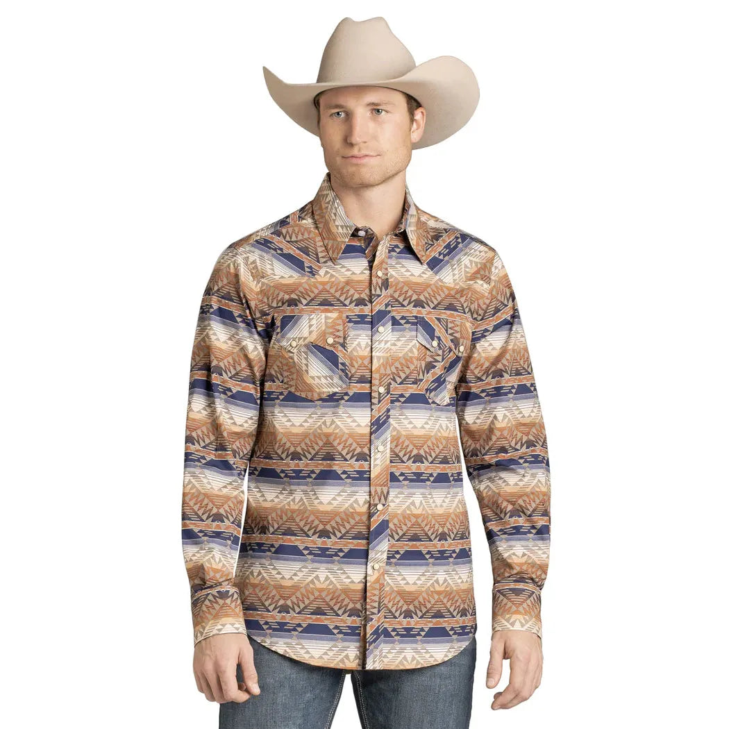 Rock & Roll Men's Long Sleeve Aztec Print Snap Shirt - Tan/Blue Striped
