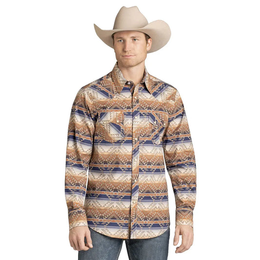 Rock & Roll Men's Long Sleeve Aztec Print Snap Shirt - Tan/Blue Striped