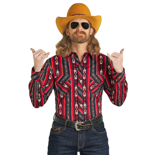 Rock & Roll Men's Stripe Printed Long Sleeve Shirt- Red