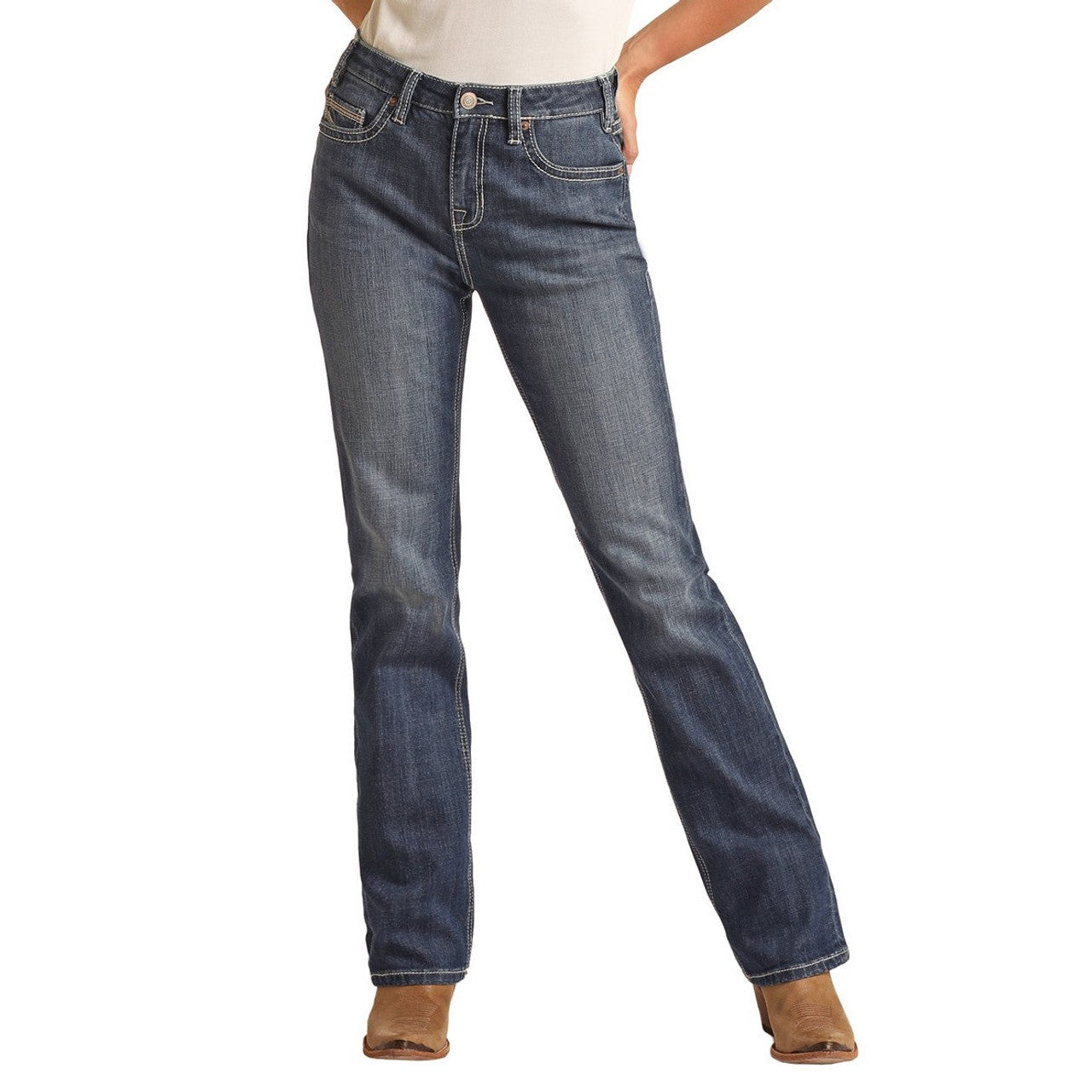 Rock & Roll Women's Mid Rise Regular Fit Modest Bootcut Jeans - Medium Wash