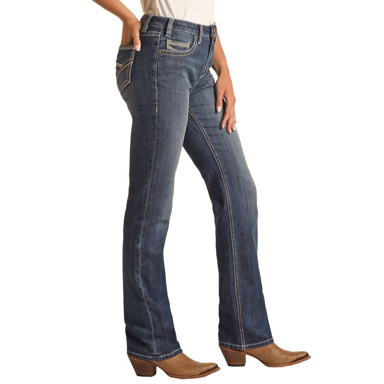 Rock & Roll Women's Mid Rise Regular Fit Modest Bootcut Jeans - Medium Wash