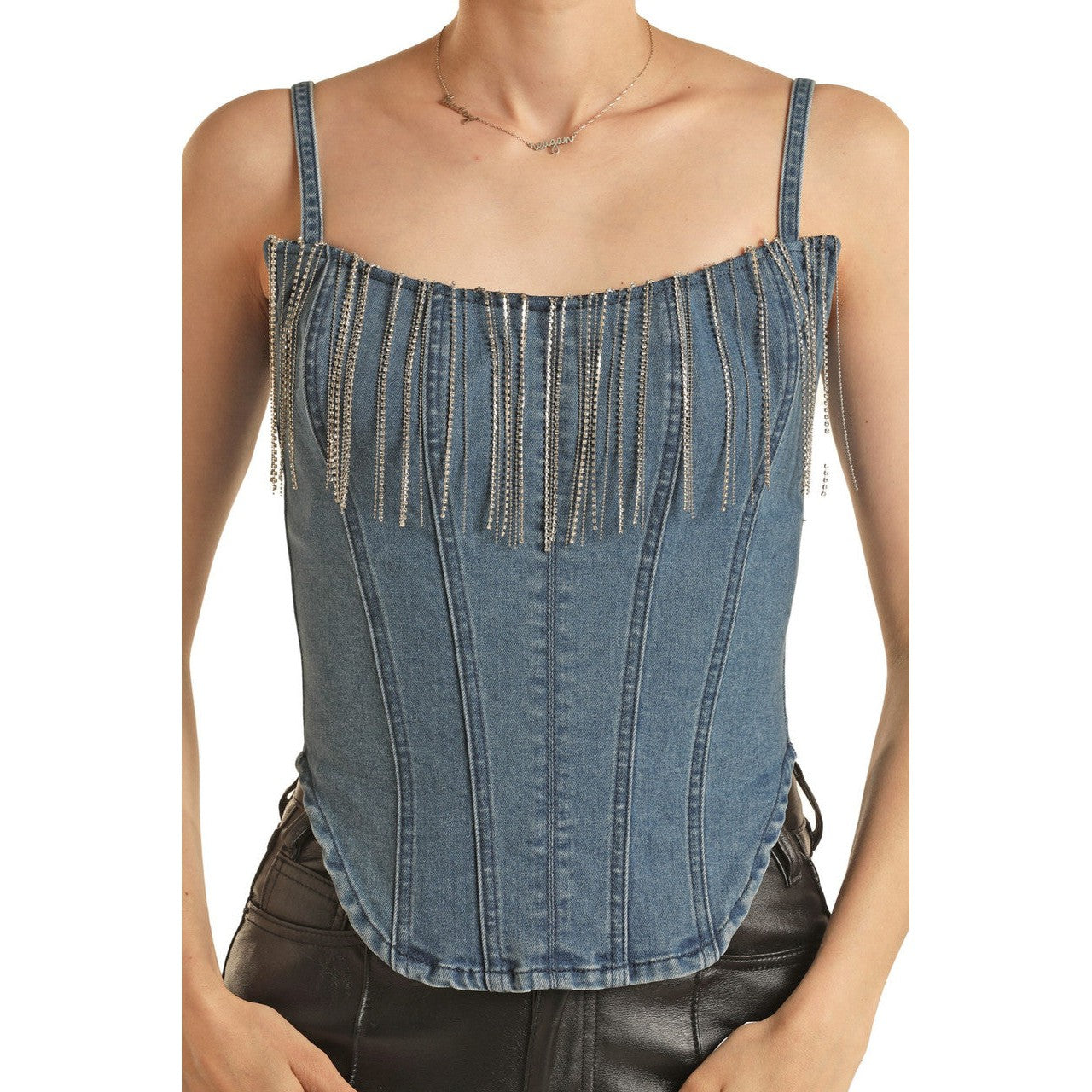 Rock & Roll Women's Fringe Denim Corset - Medium Wash