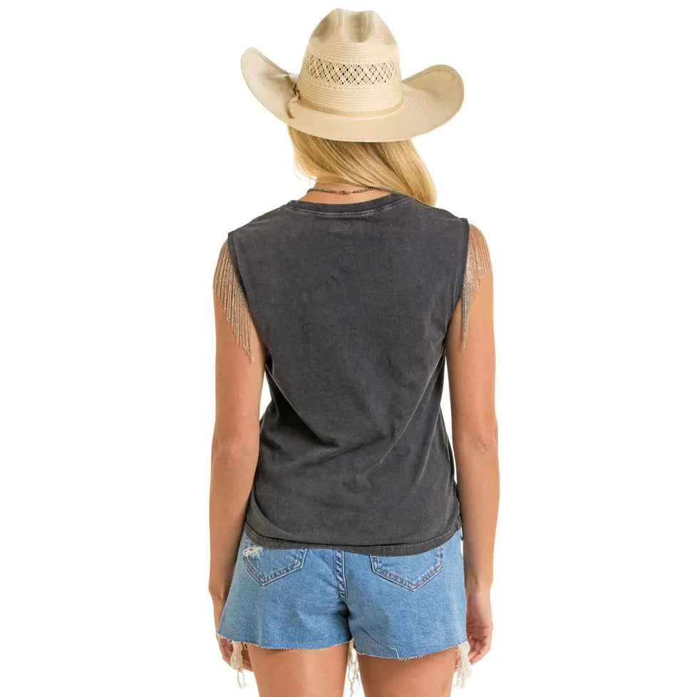 Rock & Roll Women's Sleeveless Chain Fringe Graphic Tank- Black