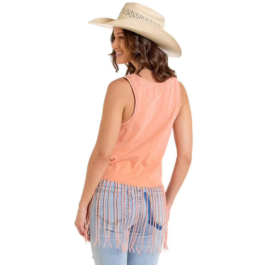Rock & Roll Women's Sleeveless Wild West Fringe Tank- Burnt Orange