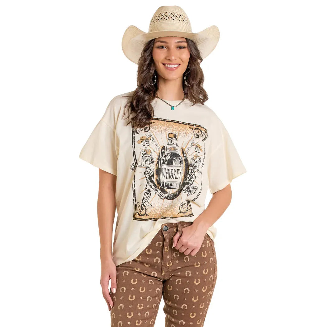 Rock & Roll Women's Short Sleeve Oversized Skelton Tee Shirt - Eggshell