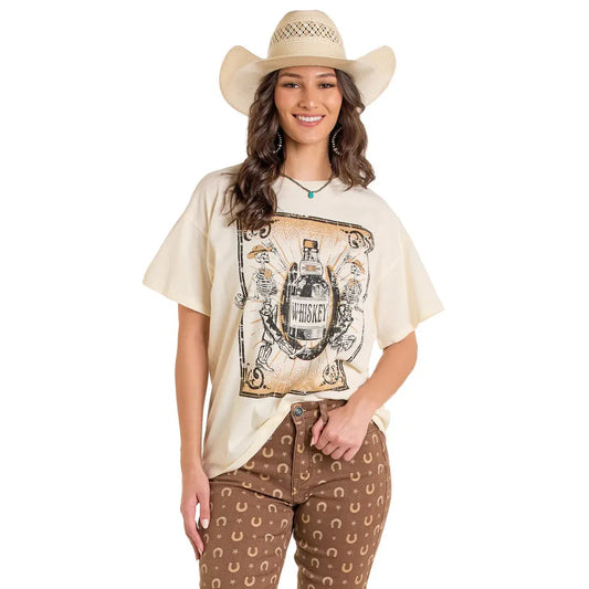 Rock & Roll Women's Short Sleeve Oversized Skelton Tee Shirt - Eggshell