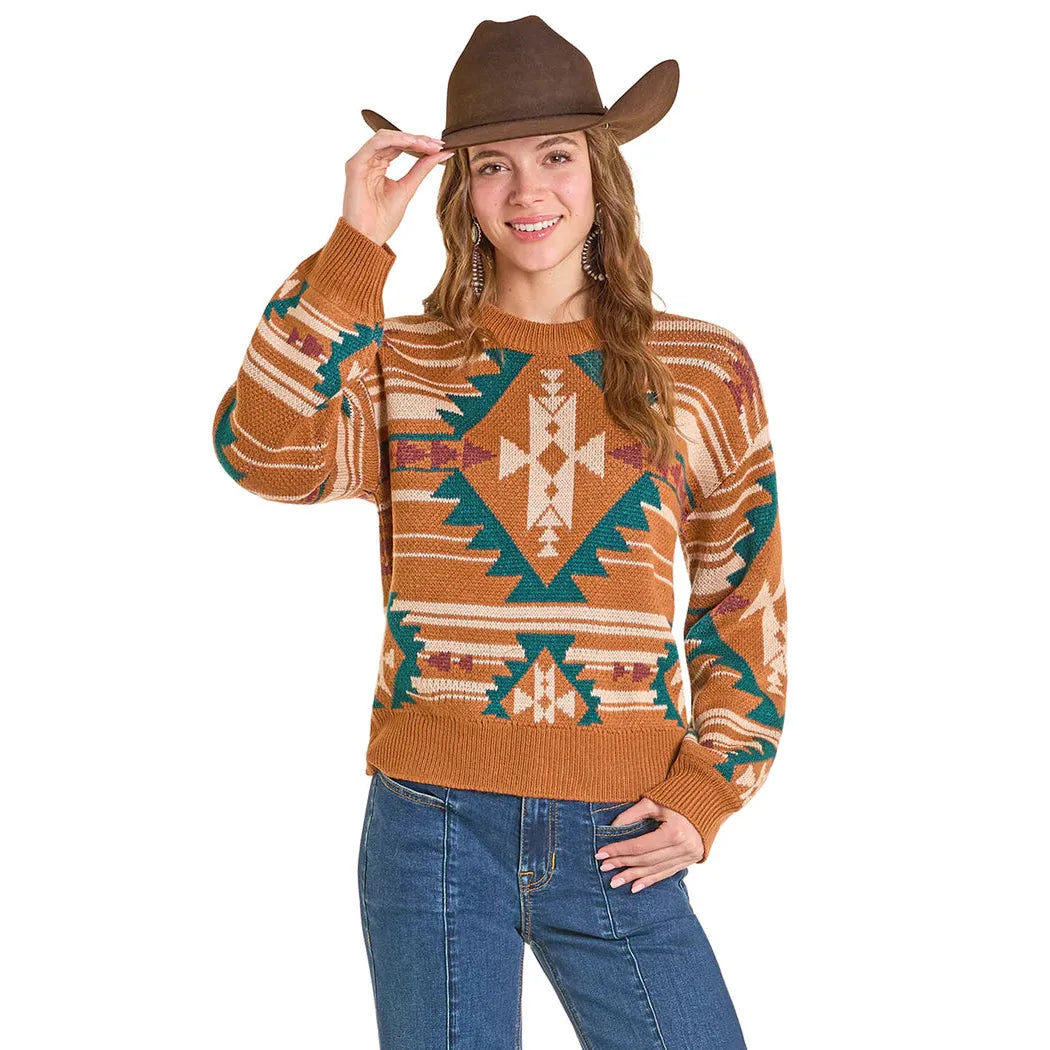 Rock & Roll Women's Aztec Knit Long Sleeve Sweater - Orange