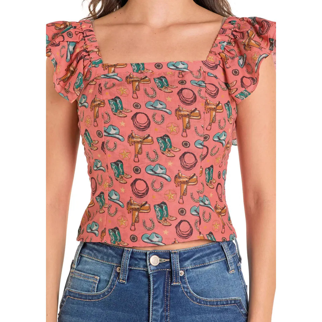 Rock & Roll Women's Ruffled Sleeve Shirt-Rose/Mauve