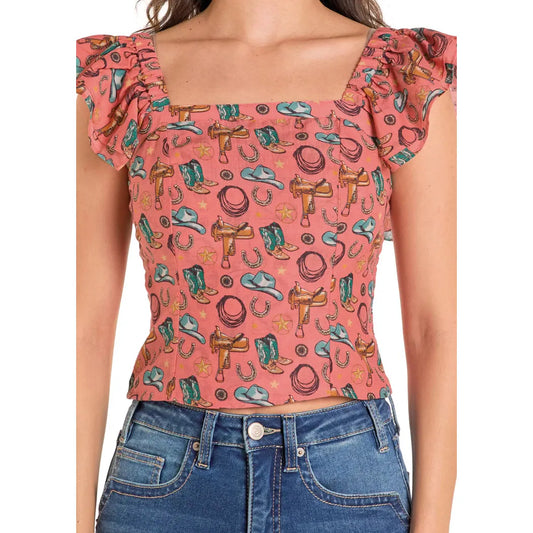 Rock & Roll Women's Ruffled Sleeve Shirt-Rose/Mauve