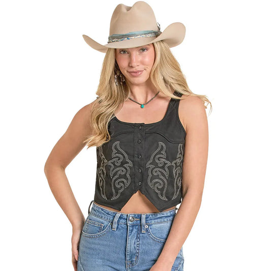 Rock & Roll Women's Embroidered Microsuede Boot Stitch Tank Top - Black