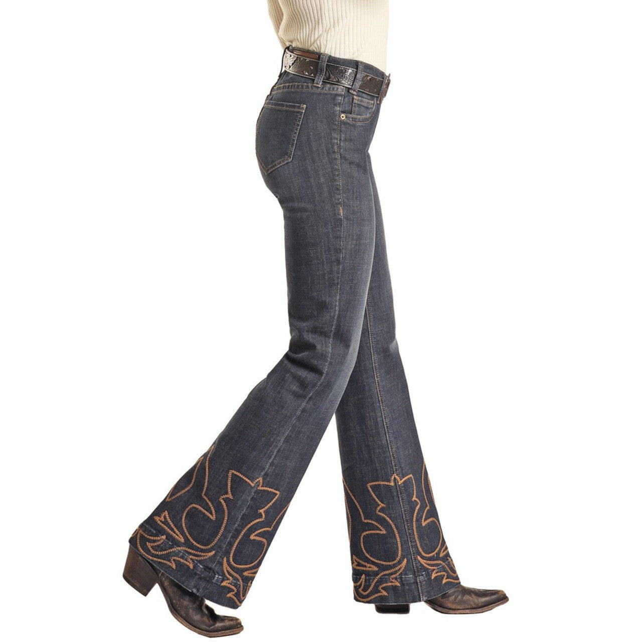 Rock & Roll Women's Mid Rise Stretch Trouser Jeans - Dark Wash