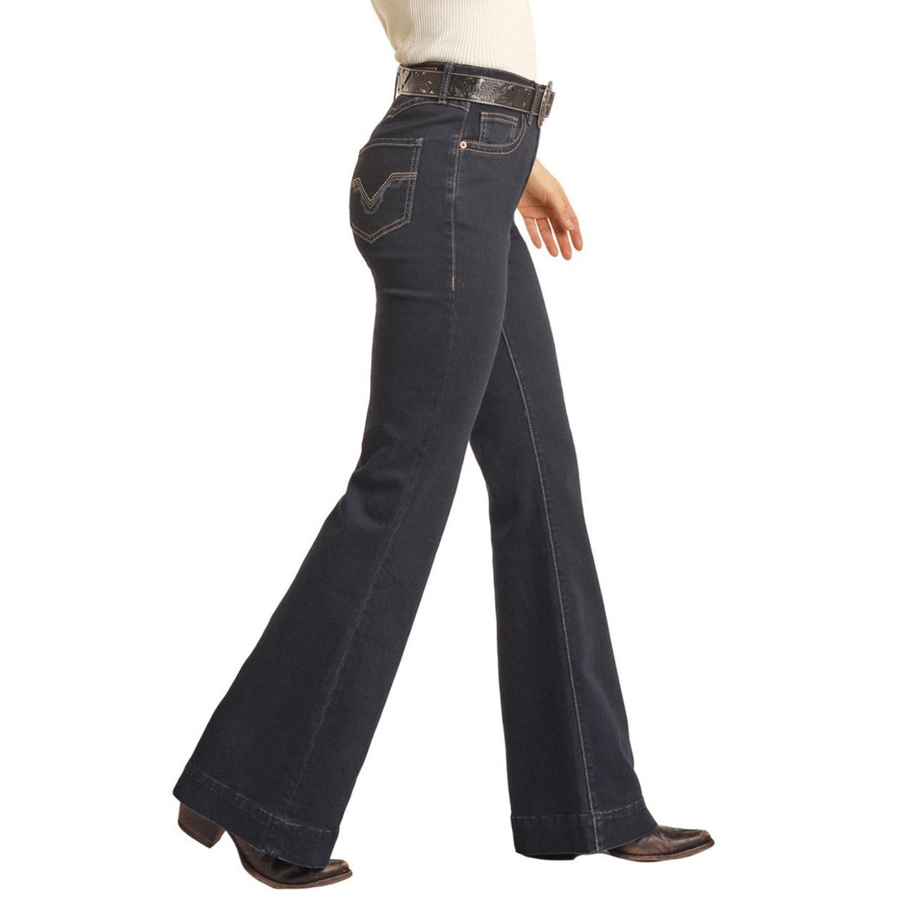 Rock & Roll Women's Mid Rise Stretch Scallop Back Yoke Trouser Jeans - Dark Wash