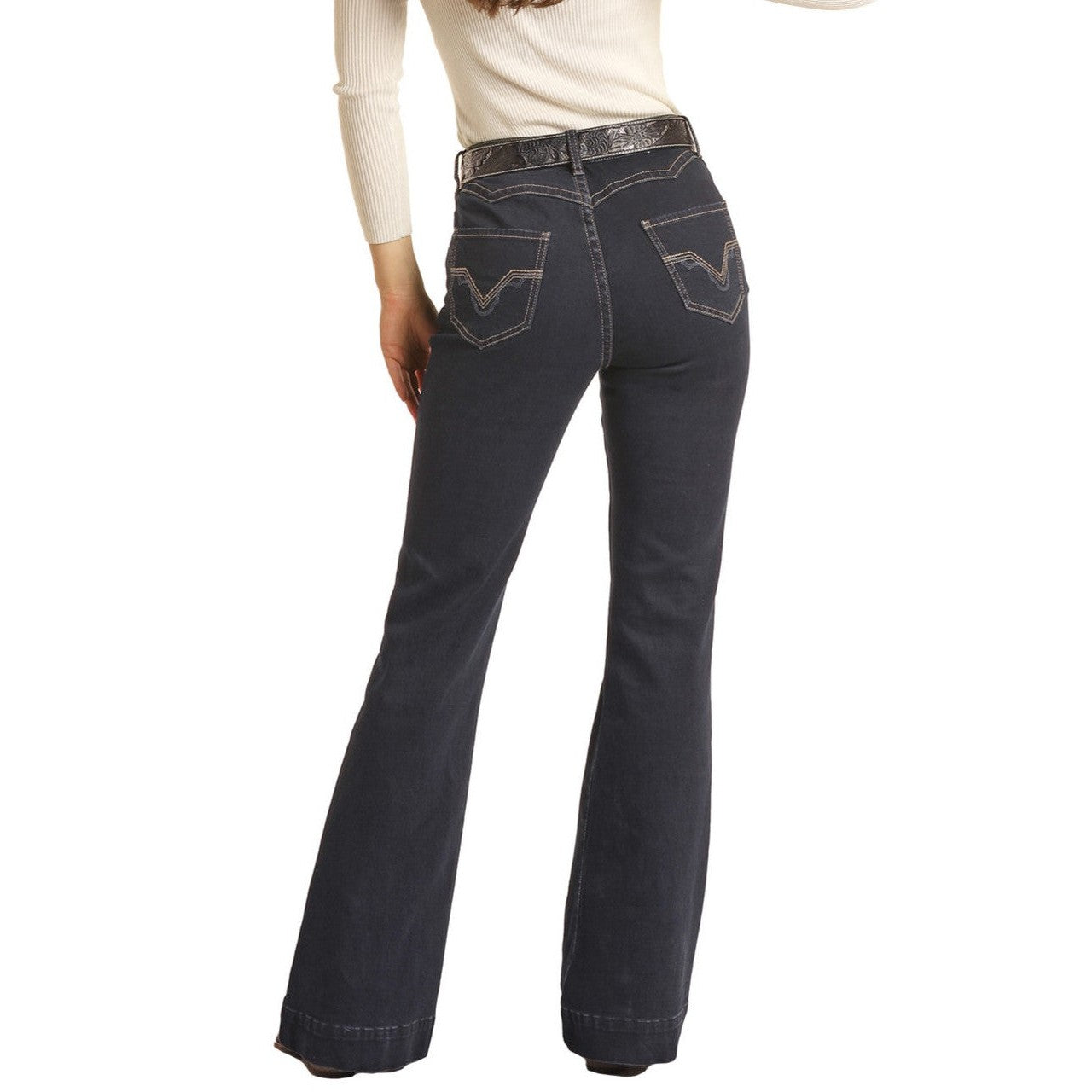 Rock & Roll Women's Mid Rise Stretch Scallop Back Yoke Trouser Jeans - Dark Wash