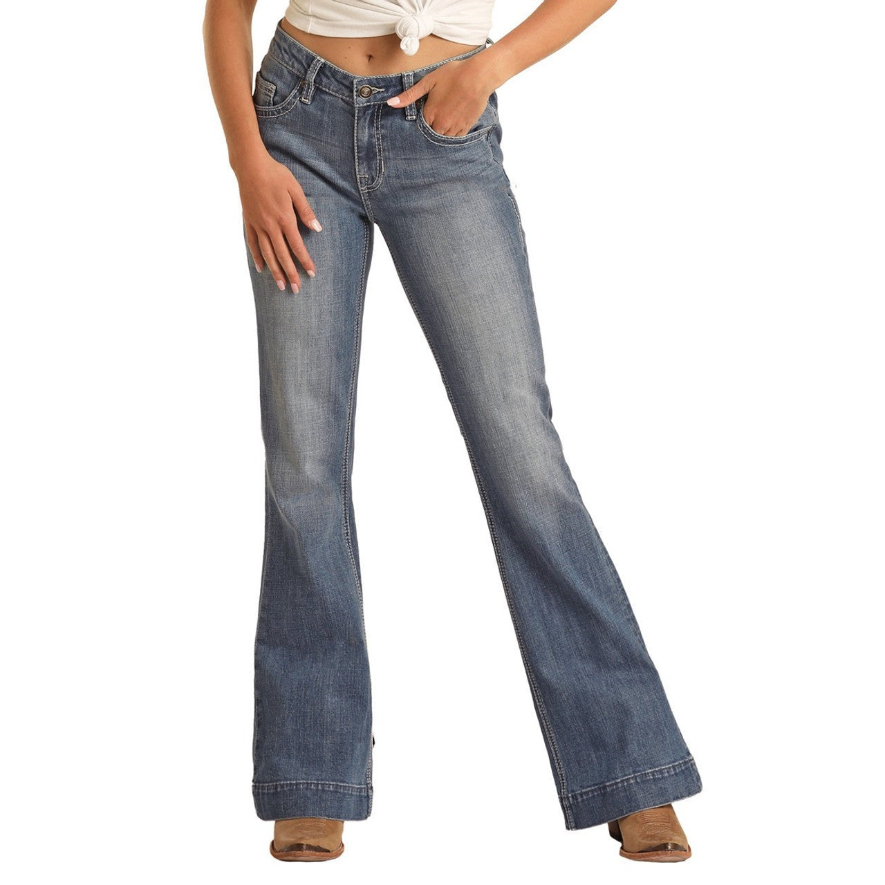 Rock & Roll Women's Mid Rise Relaxed Fit Trouser Jeans - Medium Wash