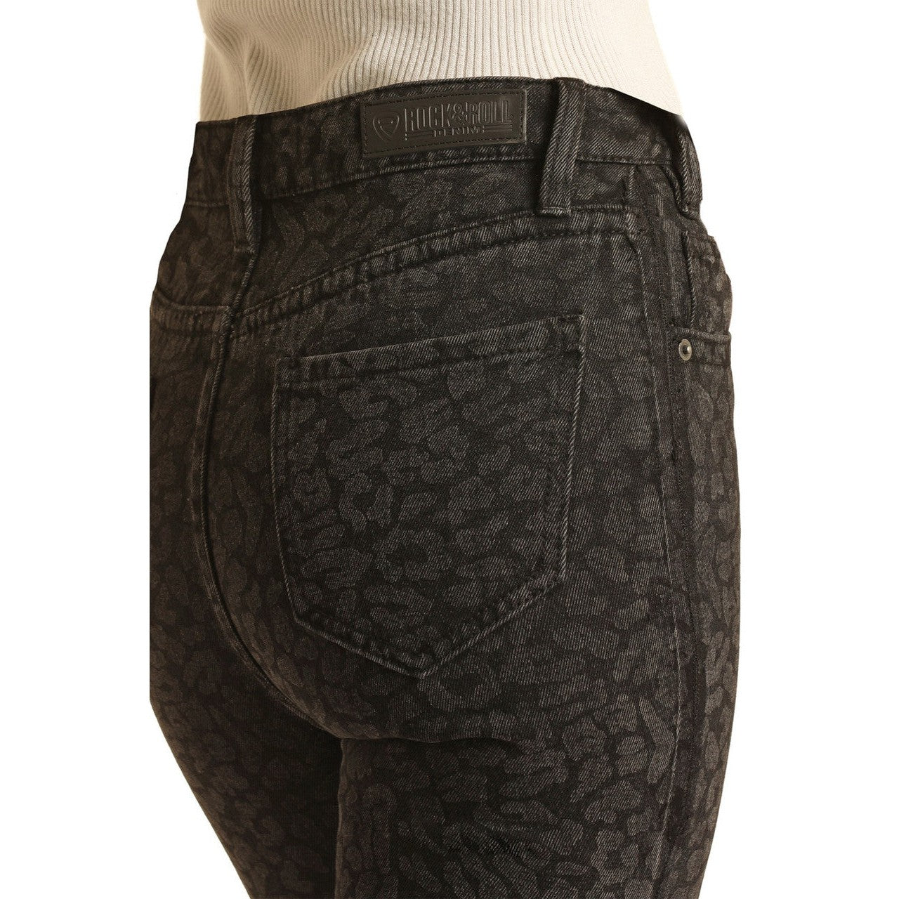 Rock & Roll Women's High Rise Leopard Print Flare Jeans - Black