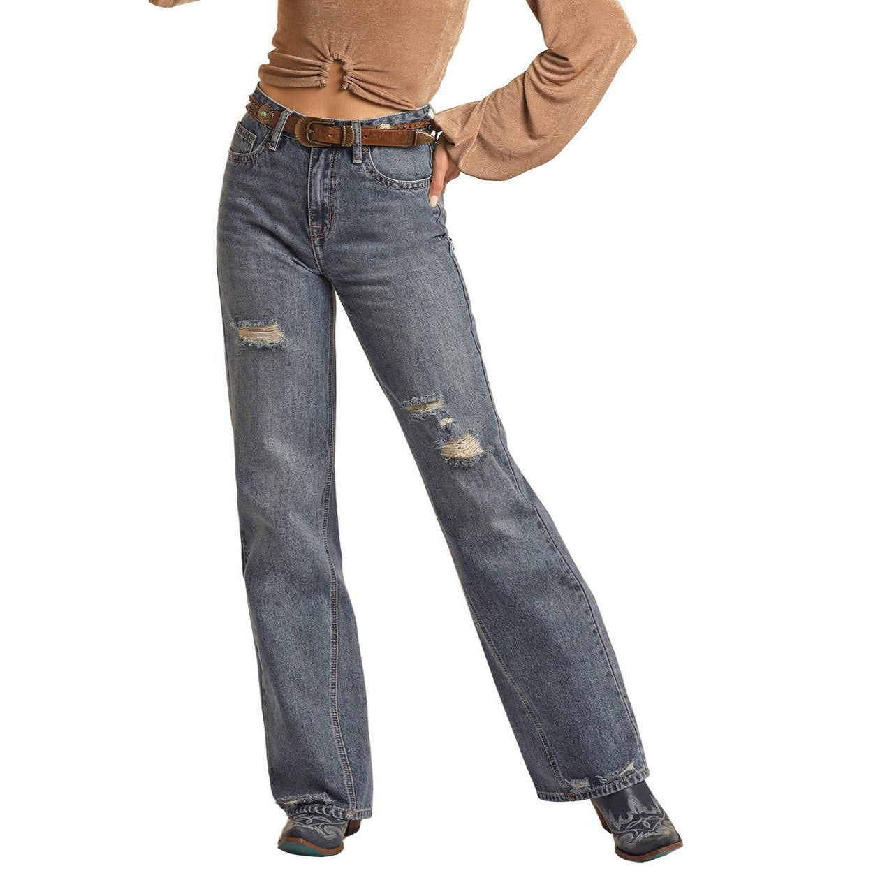 Rock & Roll Women's High Rise Relaxed Flare Jeans - Medium Vintage