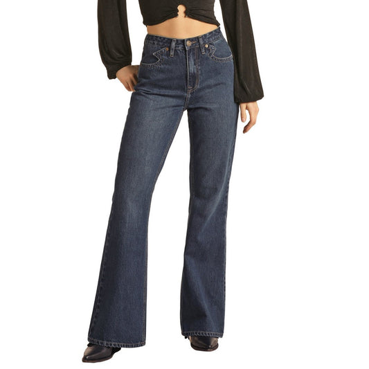 Rock & Roll Women's Yoke Detail High Rise Flare Jeans - Medium Wash