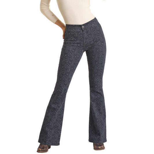 Rock & Roll Women's Paisley Print Button Flare Jeans - Dark Wash