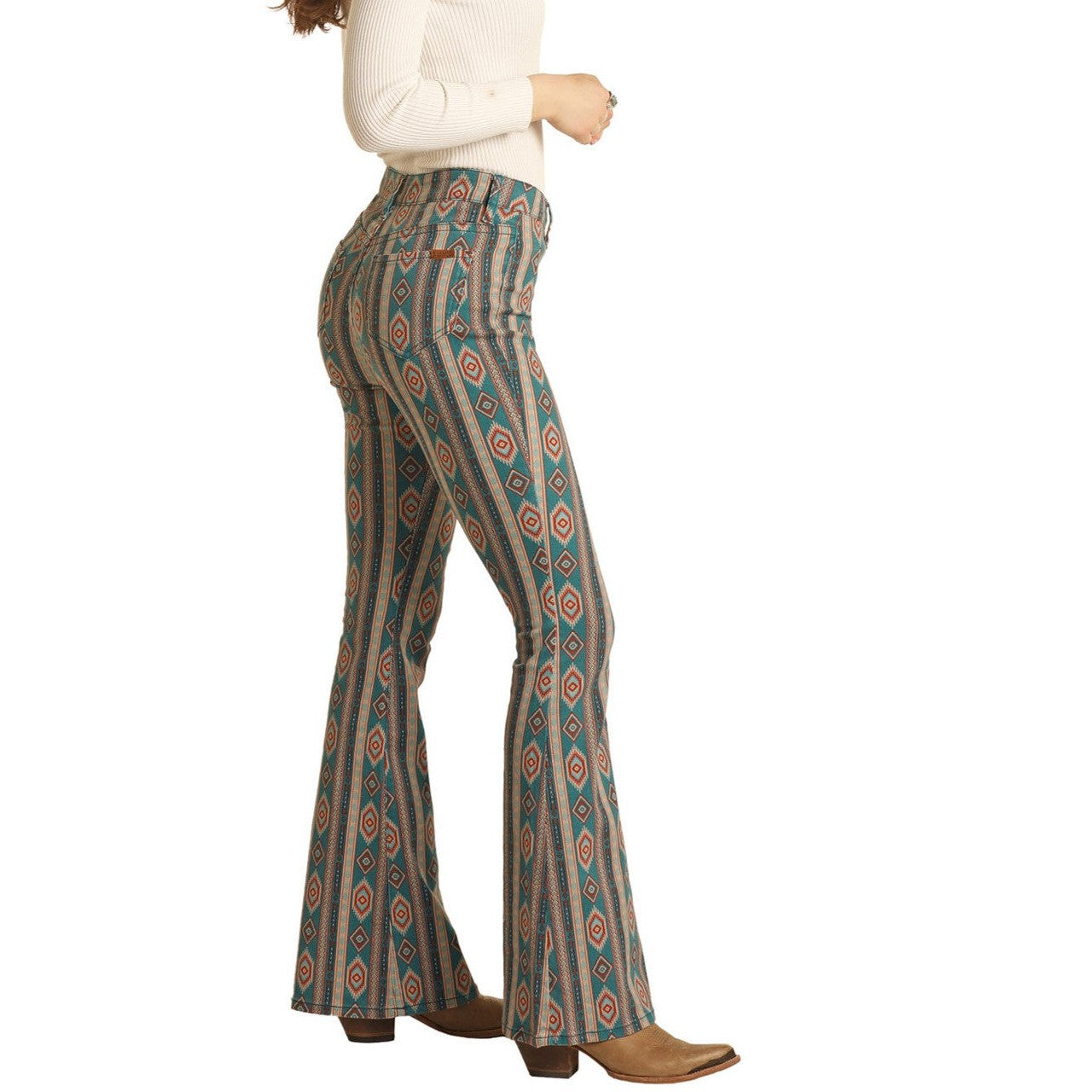 Rock & Roll Women's High Rise Stretch Aztec Flare Jeans - Teal