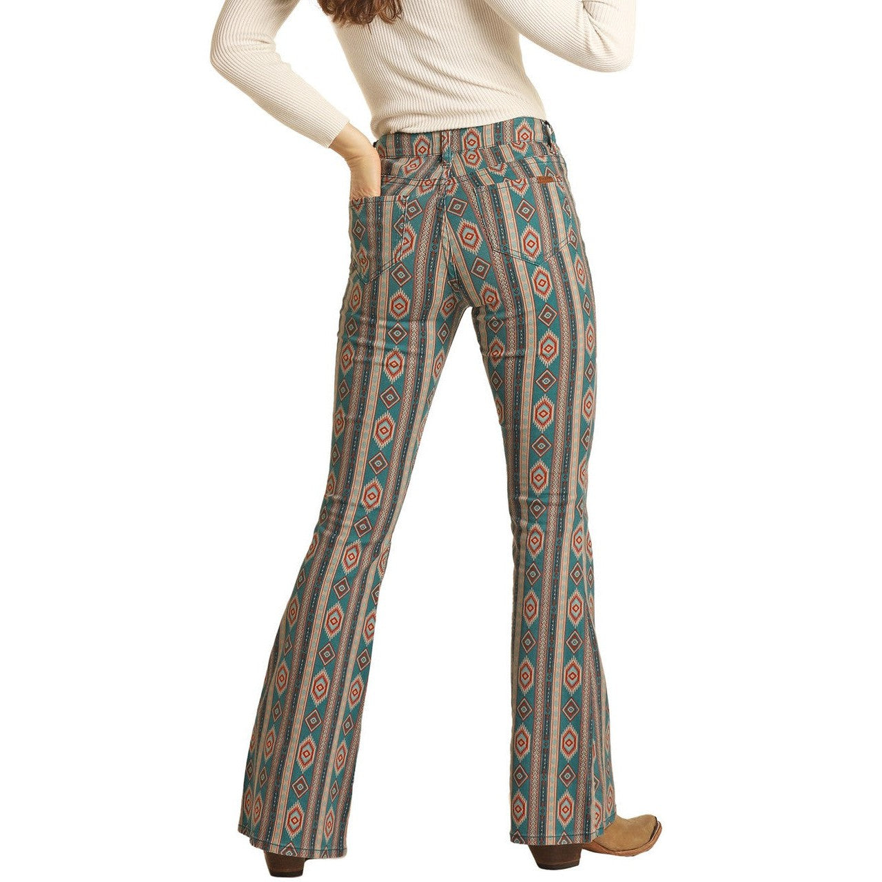 Rock & Roll Women's High Rise Stretch Aztec Flare Jeans - Teal