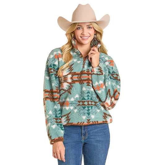 Rock & Roll Women's Aztec Sherpa 1/4 Zip Pullover - Turquoise