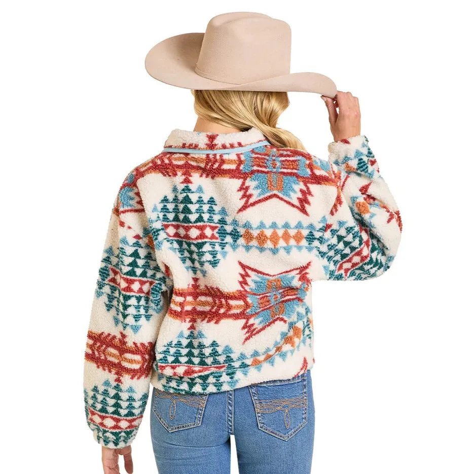 Rock & Roll Women's Aztec Sherpa 1/4 Zip Pullover - Cream