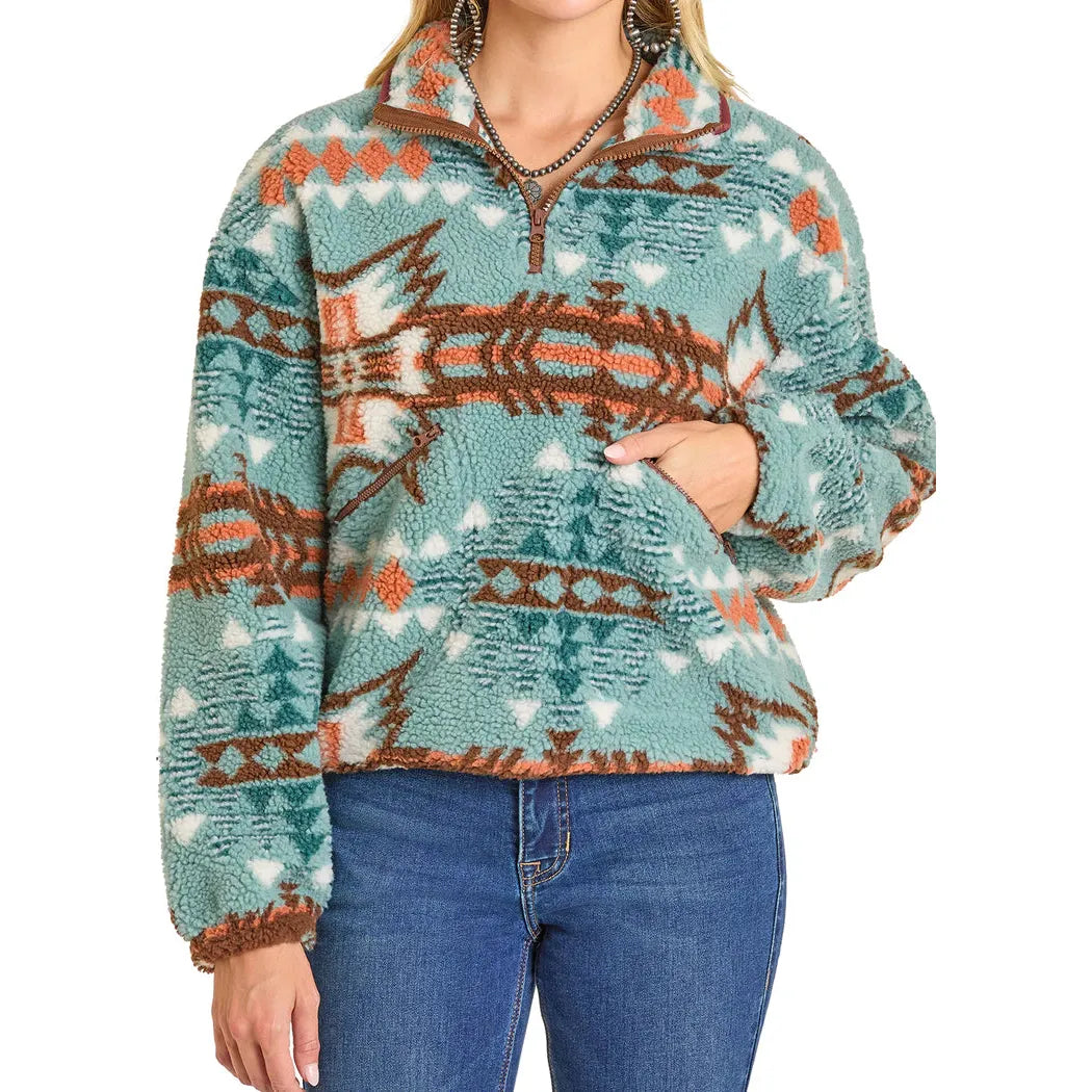 Rock & Roll Women's Aztec Sherpa 1/4 Zip Pullover - Turquoise