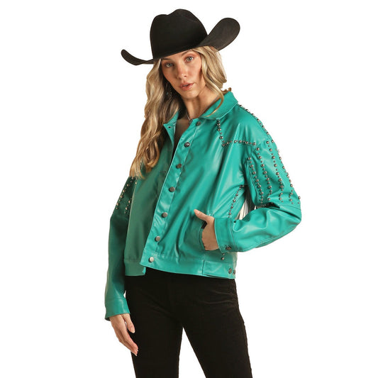 Rock & Roll Women's Studded Leather Fringe Jacket - Peacock