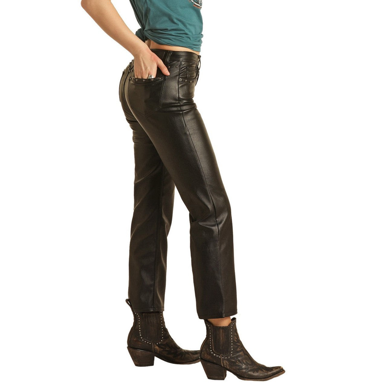 Rock & Roll Women's High Rise Stretch Pleather Straight Cropped Pants - Black