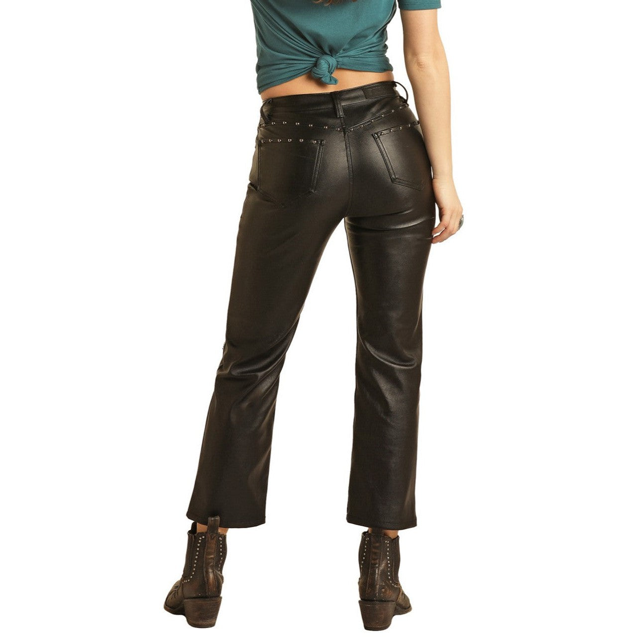 Rock & Roll Women's High Rise Stretch Pleather Straight Cropped Pants - Black