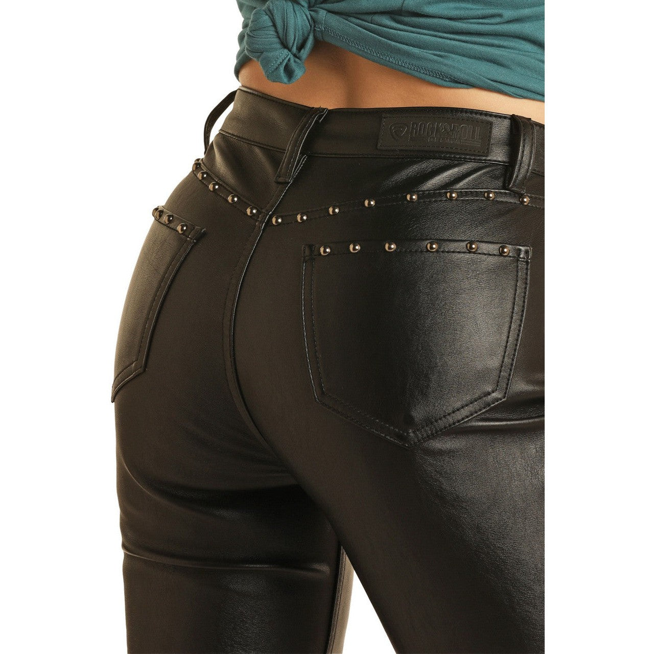 Rock & Roll Women's High Rise Stretch Pleather Straight Cropped Pants - Black