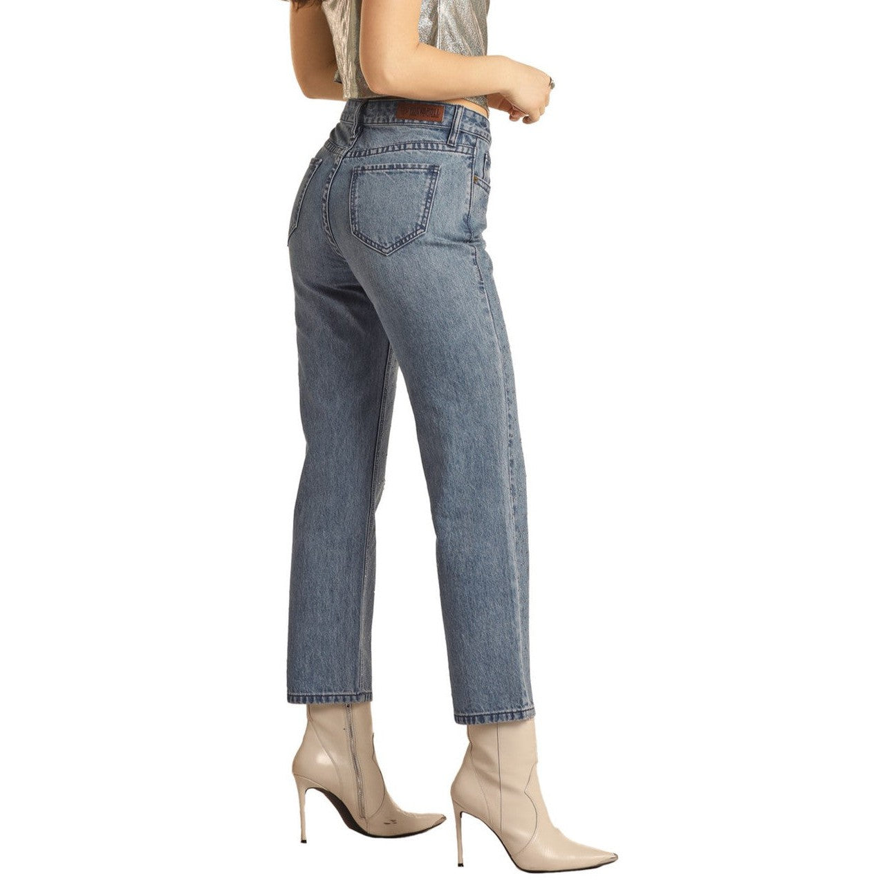 Rock & Roll Women's High Rise Rhinestone Straight Cropped Pants - Medium Wash