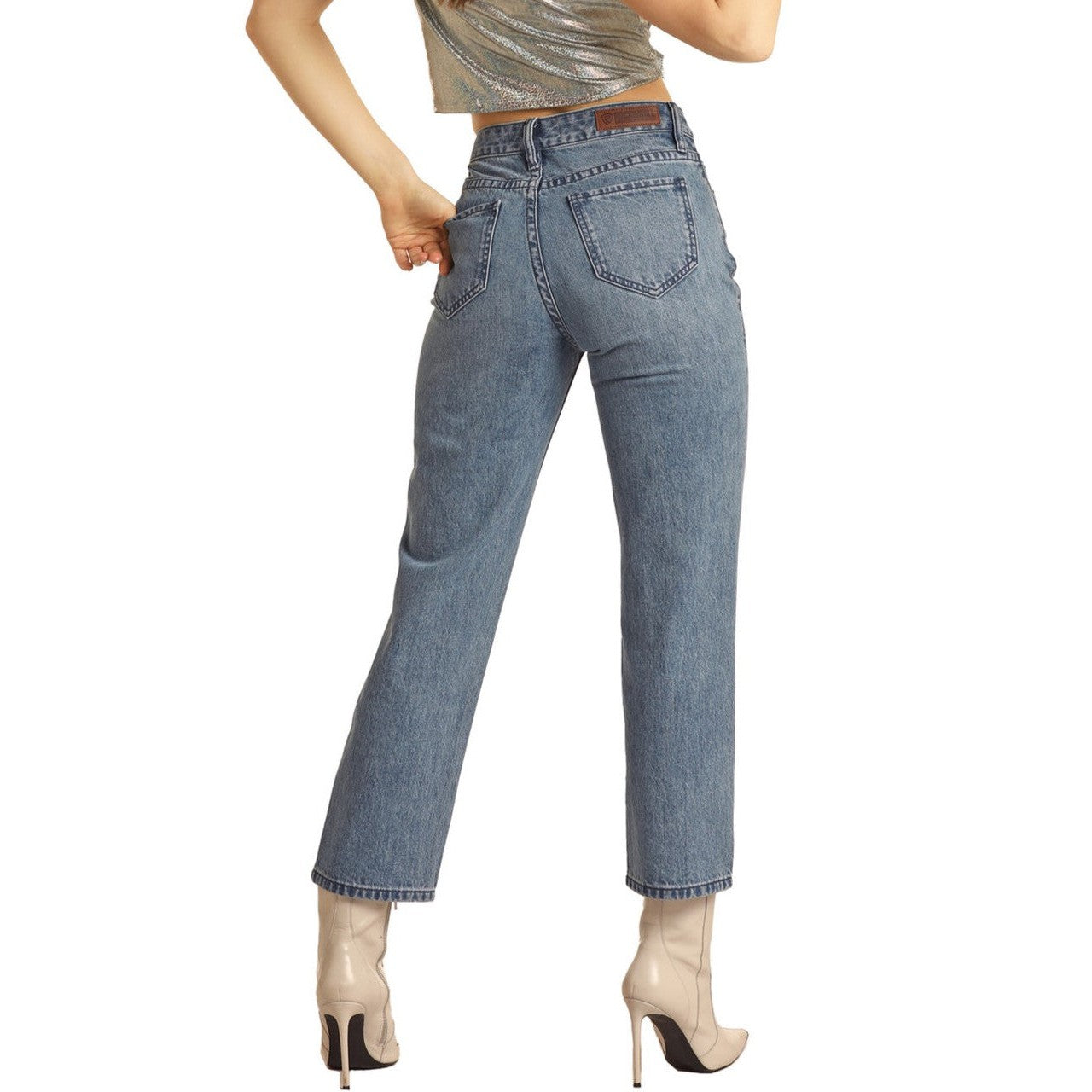 Rock & Roll Women's High Rise Rhinestone Straight Cropped Pants - Medium Wash