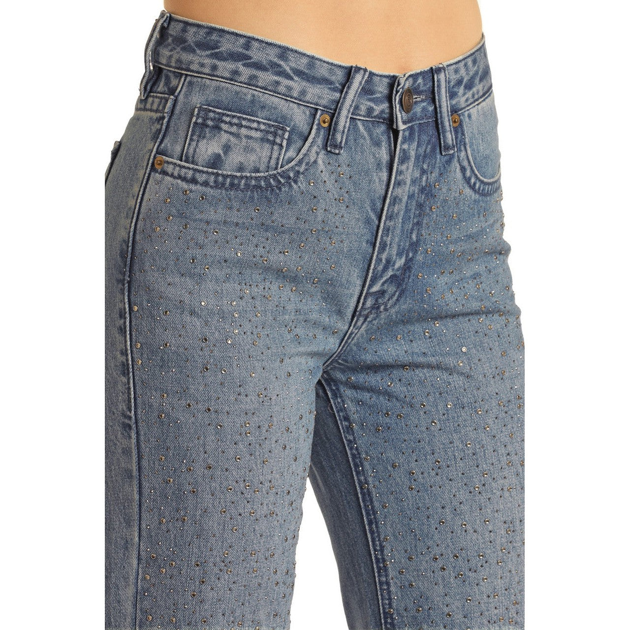 Rock & Roll Women's High Rise Rhinestone Straight Cropped Pants - Medium Wash