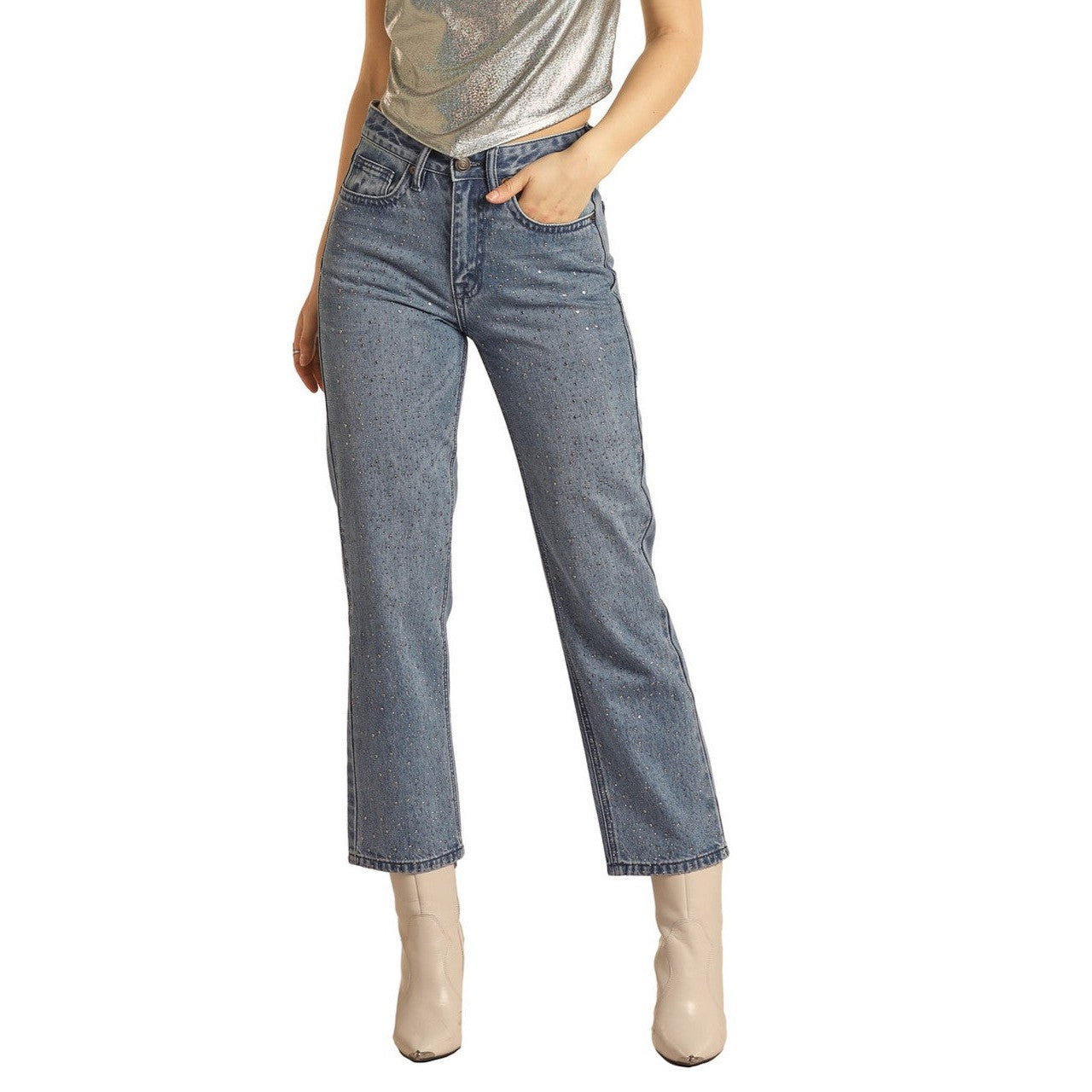 Rock & Roll Women's High Rise Rhinestone Straight Cropped Pants - Medium Wash