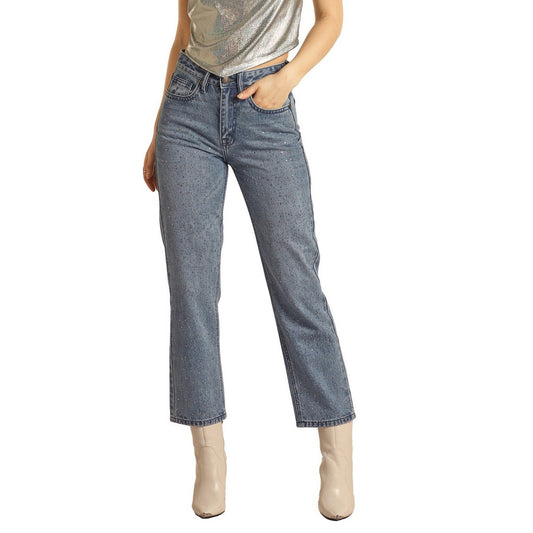 Rock & Roll Women's High Rise Rhinestone Straight Cropped Pants - Medium Wash
