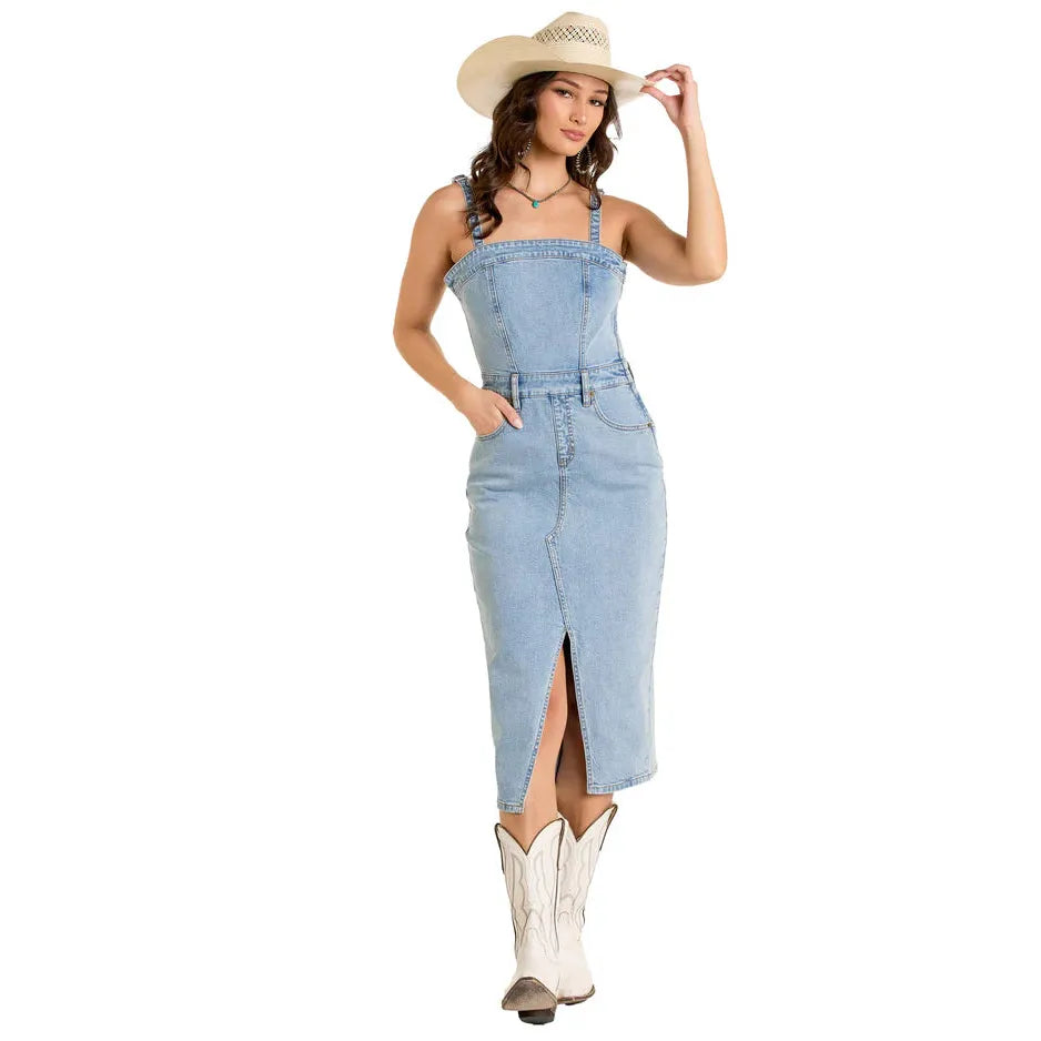 Rock & Roll Women's Detachable Strap Denim Midi Dress-Blue