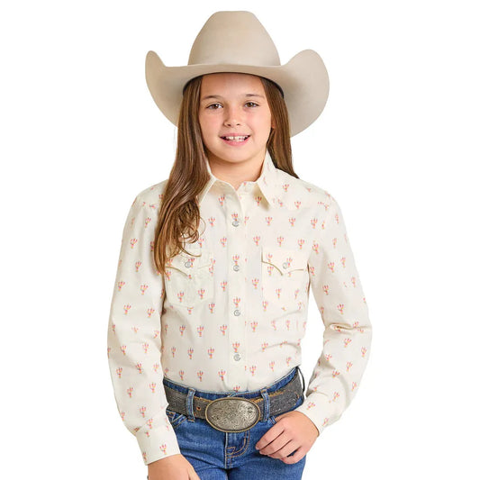Panhandle Girl's Long Sleeve Print Snap Shirt- Cream