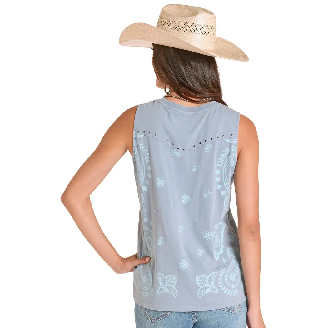 Rock & Roll Women's Bandana Print Sleeveless Shirt - Powder Blue