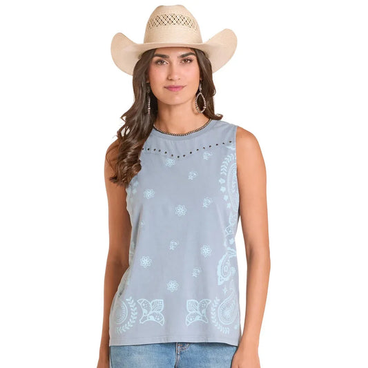 Rock & Roll Women's Bandana Print Sleeveless Shirt - Powder Blue