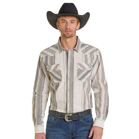 Panhandle Men's Modern Vintage Natural Stripe Long Sleeve Snap Shirt - Tan