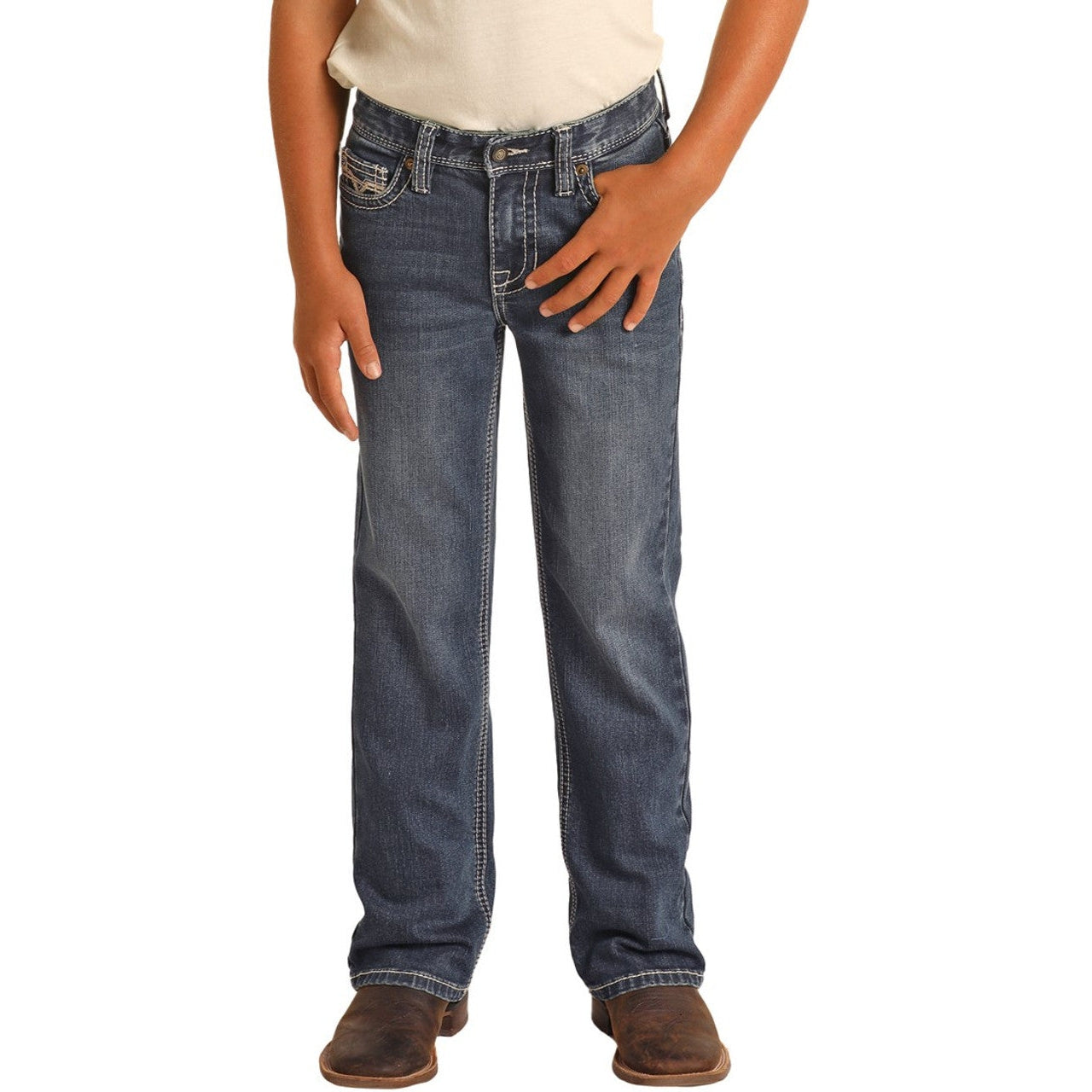 Rock & Roll Boy's Relaxed Tapered Fit Stretch Stackable Bootcut Jeans - Dark Vintage